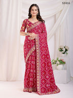Red Vichitra Silk Bandhani Printed, Embroidery Work Saree - Ditya | Grocsy