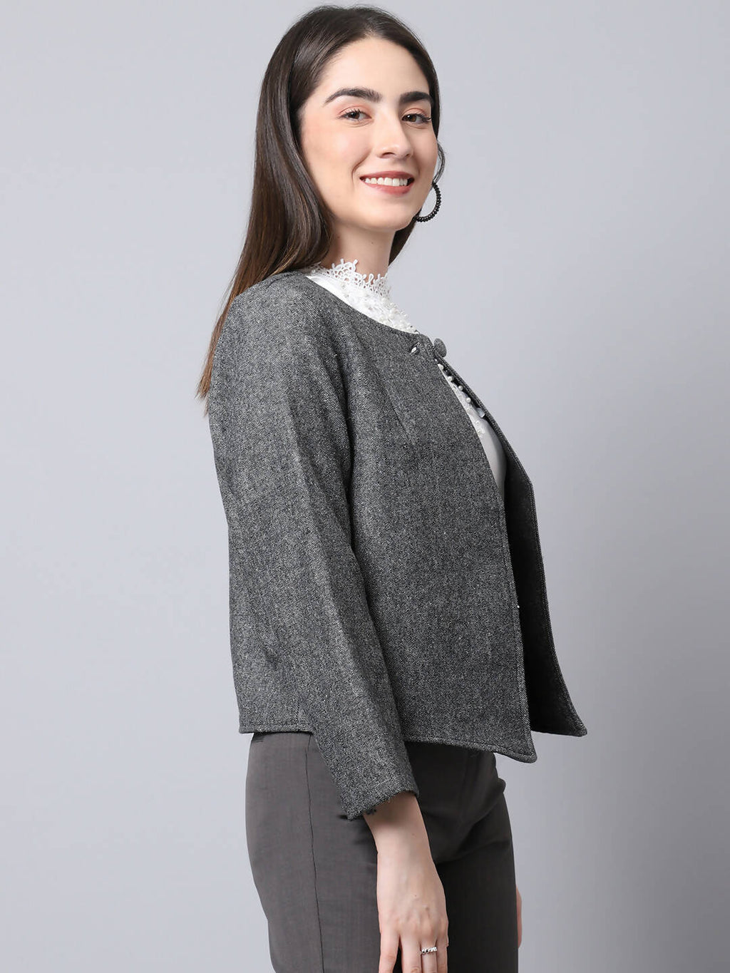 Even Apparels Black Pure Wool Open Front Statement Women's Jacket | Grocsy