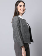 Even Apparels Black Pure Wool Open Front Statement Women's Jacket | Grocsy
