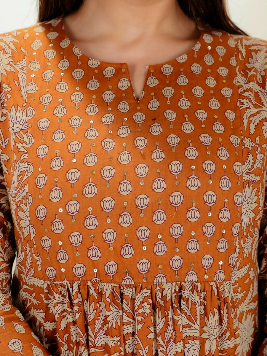 Aramya Orange Soft Cotton Floral Panelled Kurta for Women | Grocsy
