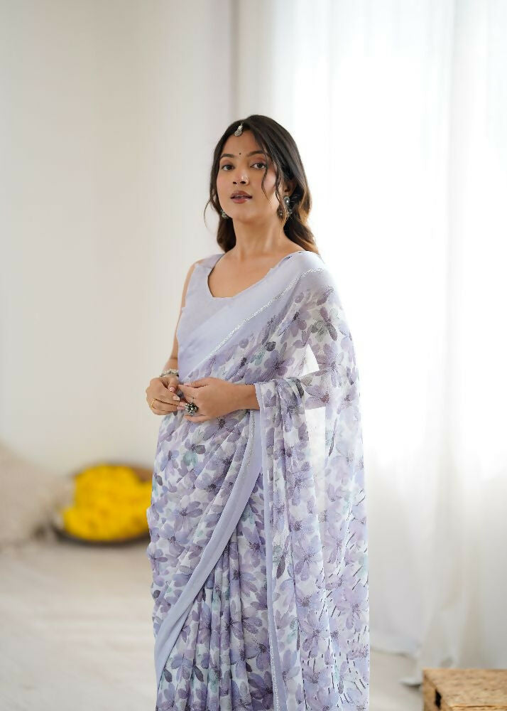 PR Fashion Light_Purple Bright Moss Satin Patta Printed Saree | Grocsy