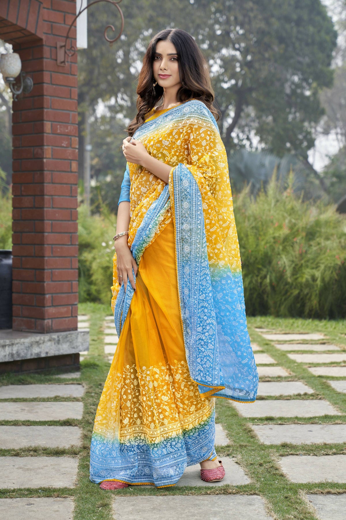 Vamsee Srivani Chikankari Yellow Organza Silk Saree | Grocsy