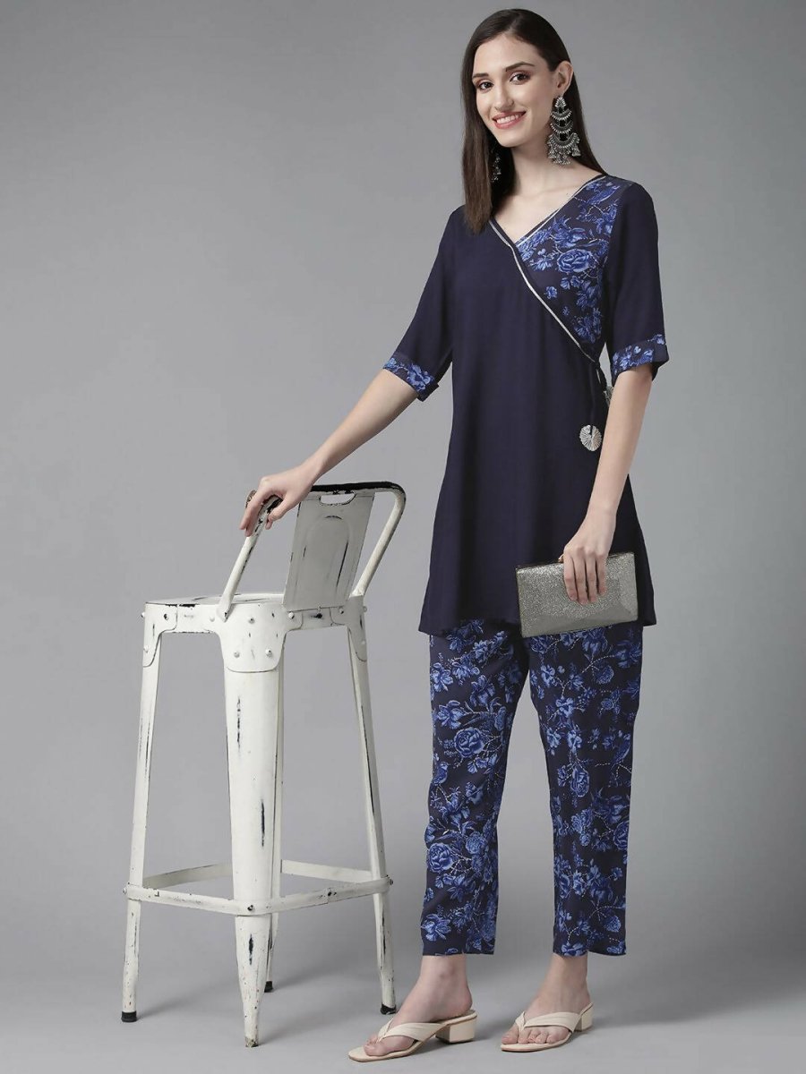 Ahalyaa Women Navy Blue Rayon Wax Printed Angrakha Gotta Patti Tunic With Trousers | Grocsy