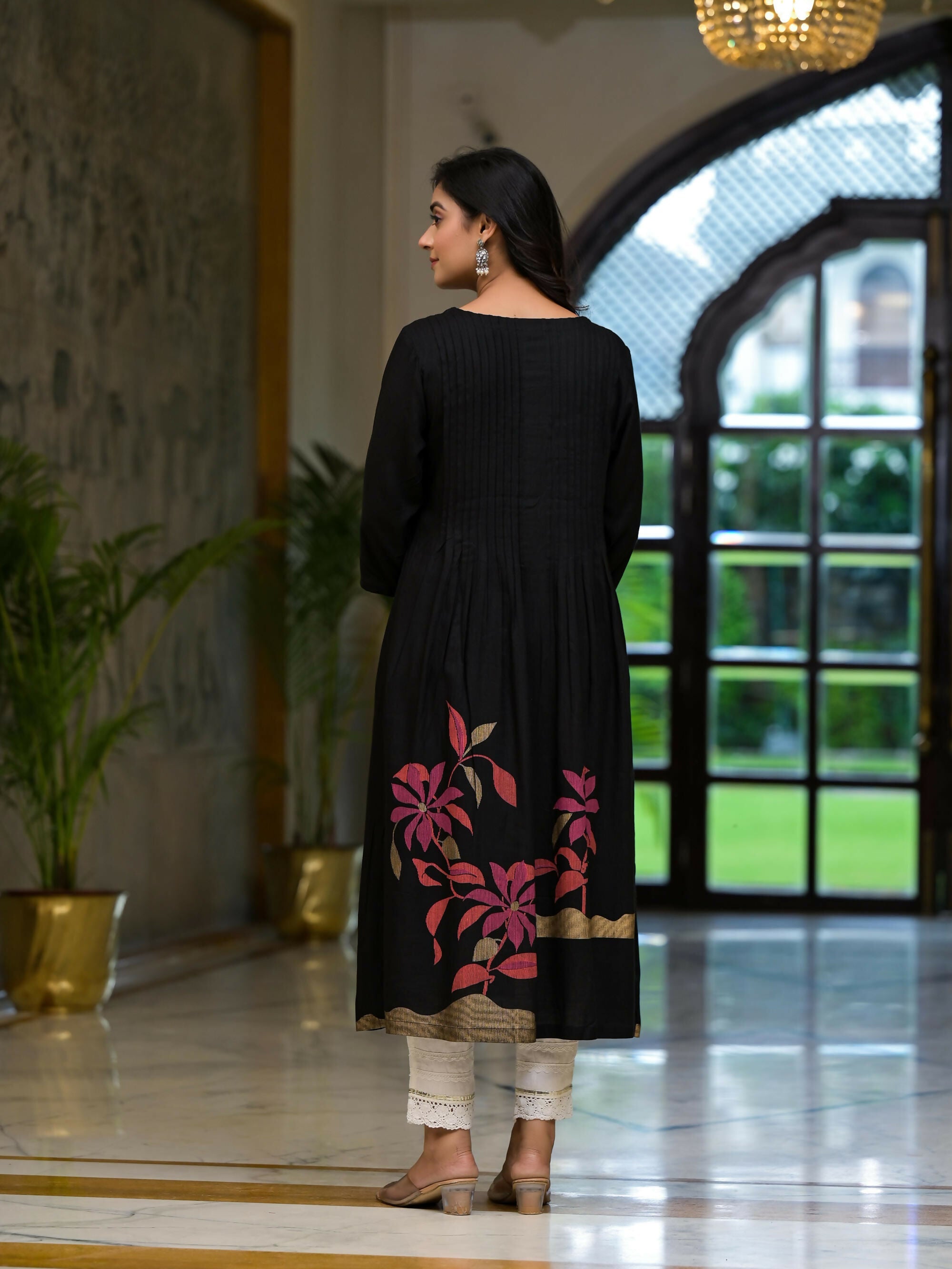 Juniper Women's Black Floral Printed Rayon Kurta With Button Closure | Grocsy