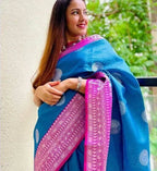 DEIANA'S Beautiful Designer Golden zari Soft Lichi Silk Saree - Blue | Grocsy