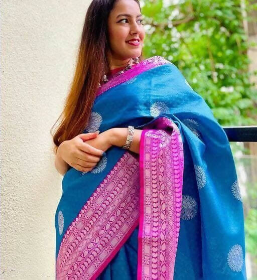 DEIANA'S Beautiful Designer Golden zari Soft Lichi Silk Saree - Blue | Grocsy