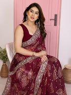 Ai Fashion Wine Georgette Rajwadi Bandhani Print Party Wear Saree | Grocsy