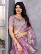 Vastranavya Lavender Embroidery Work Shimmer Chiffon Saree with Unstitched Blouse | Grocsy