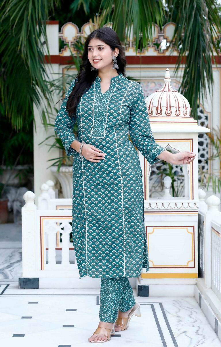 Miravan Women's Cotton Blue Floral Printed Straight Kurta And Palazzo | Grocsy
