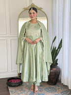 The52 Pista Women's Gorgeous Embroidered Vichitra Silk Fabric Flared Kurta Pant with Dupatta Set | Grocsy