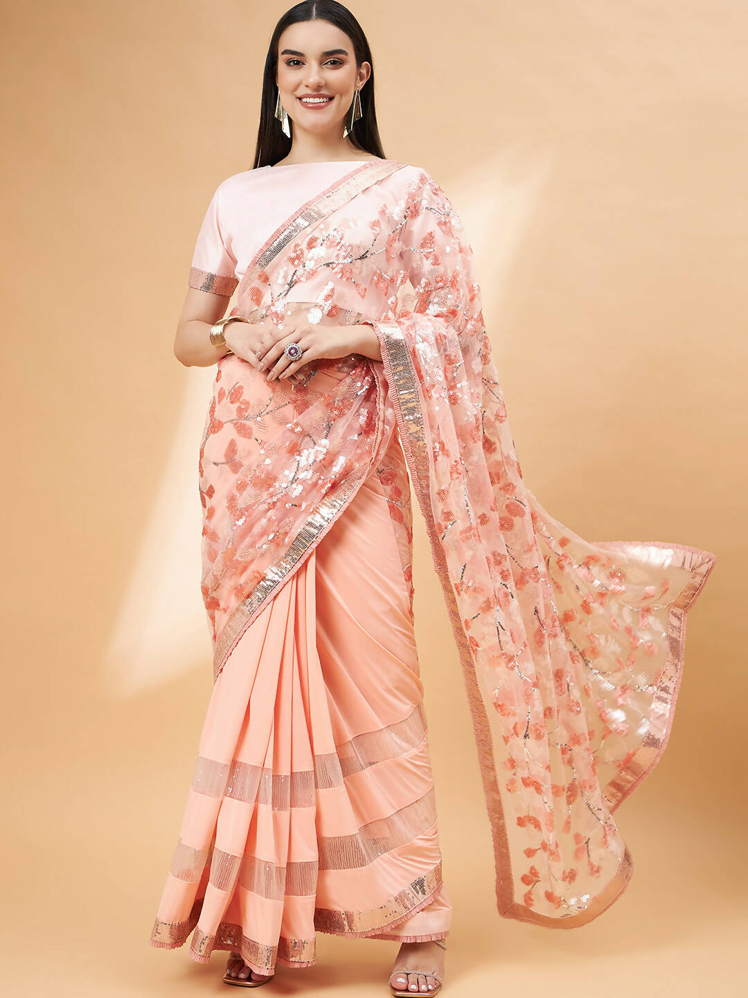 Peach Lycra Sequin Embroidery And Frills Saree - Norita Hit Design | Grocsy