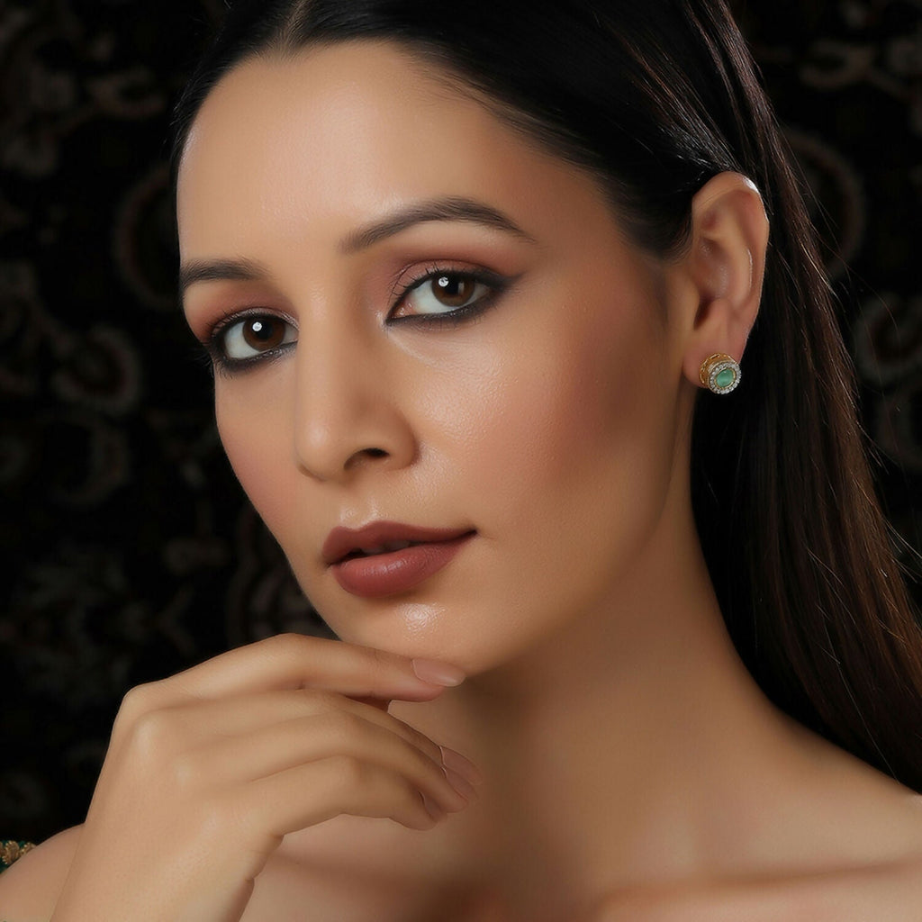 Green Round Daimond and Stone Studs (Green) - Ruby Raang | Grocsy
