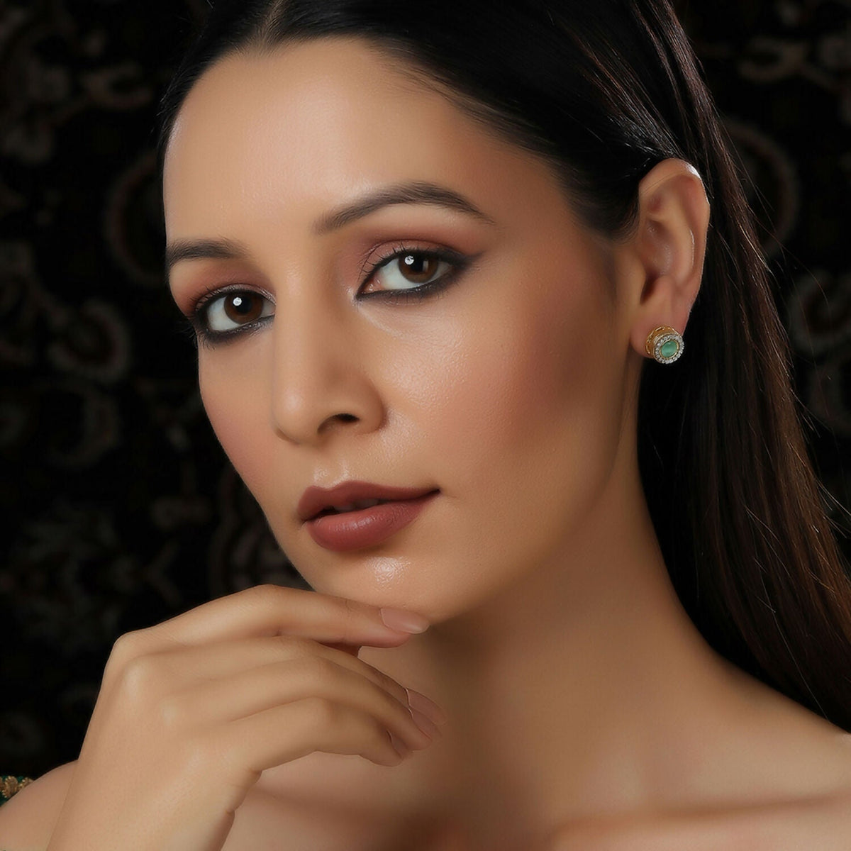 Green Round Daimond and Stone Studs (Green) - Ruby Raang | Grocsy