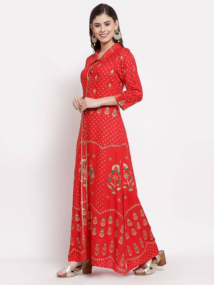 Myshka Women's Red Cotton Printed 3/4 Sleeve Collar Neck Casual Anarkali Kurta | Grocsy