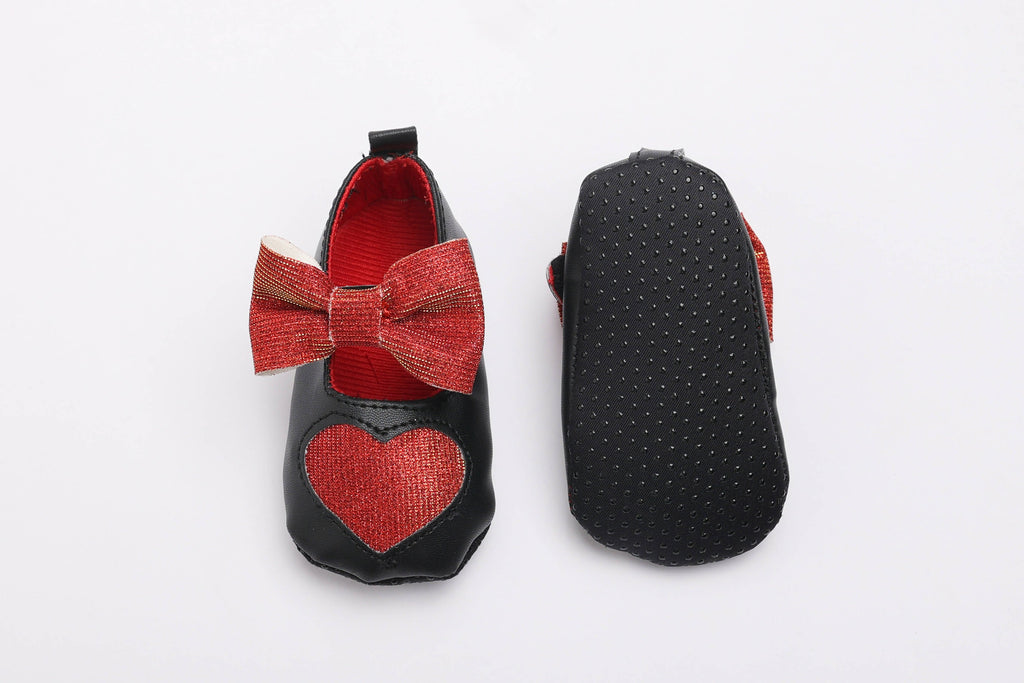 Tiny Bugs Girls Heart Bow Detailing Booties - Black & Red | Grocsy