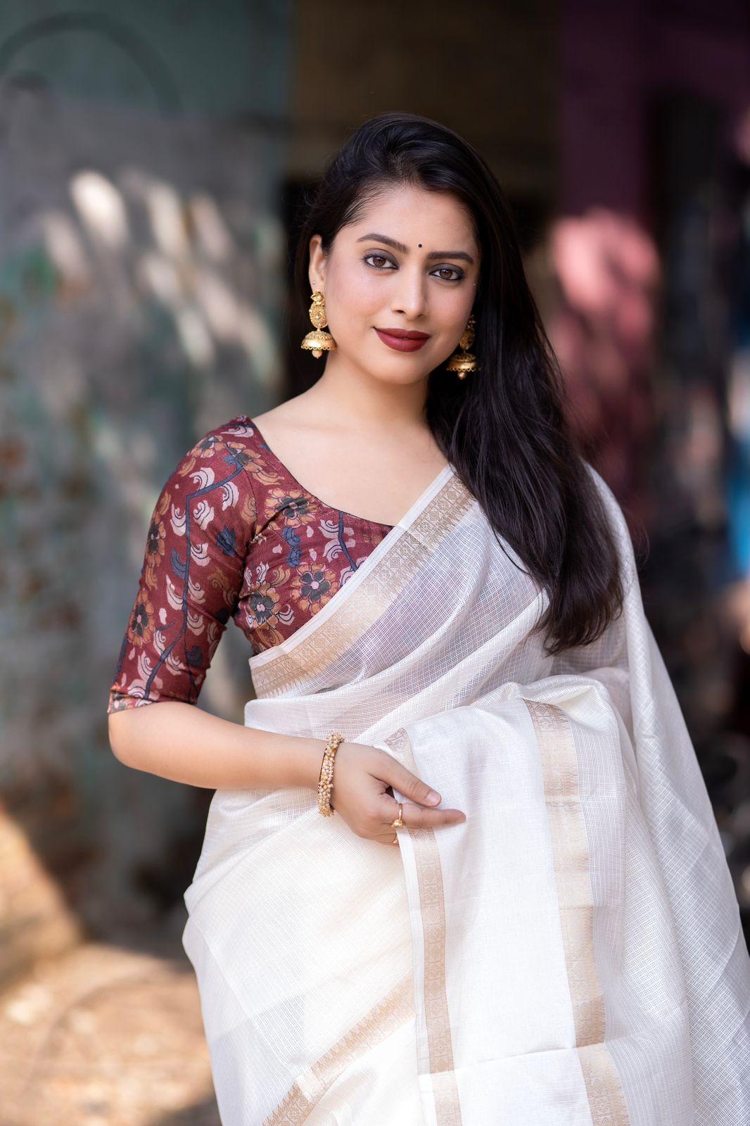 White Silk Blend Kalamkari Saree with Unstitched Blouse - A2M | Grocsy