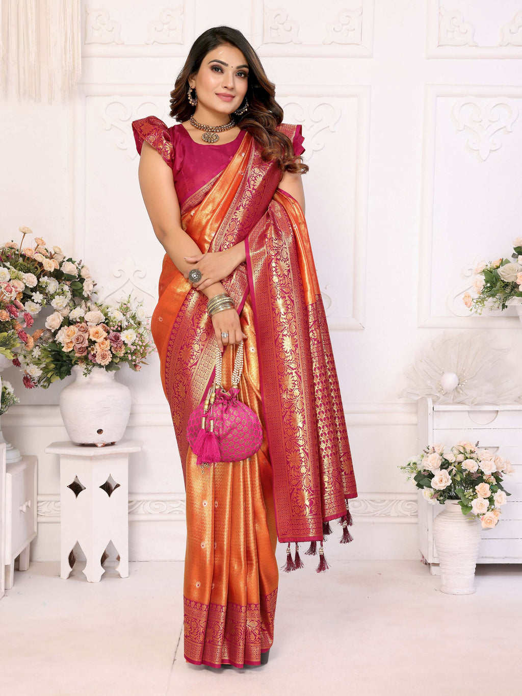 Aastha Fashion Orange Tissue Silk Weaving Saree | Grocsy