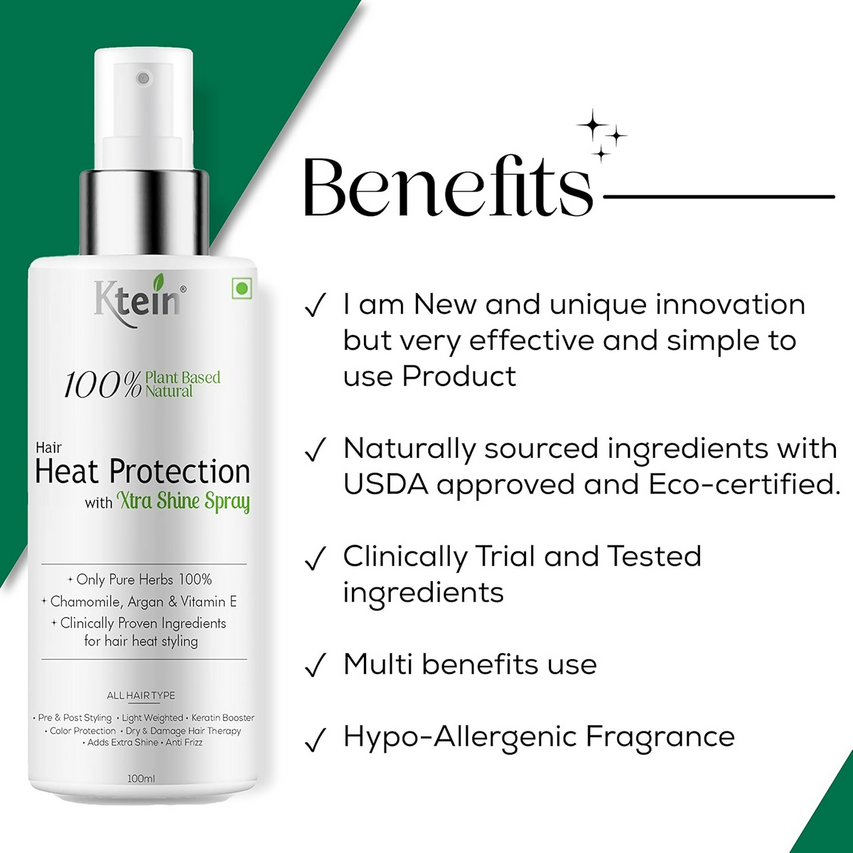 Ktein 100% Plant Based Hair Heat Protection Spray With Extra Shine Chamomile Argan And Vitamin E | Grocsy