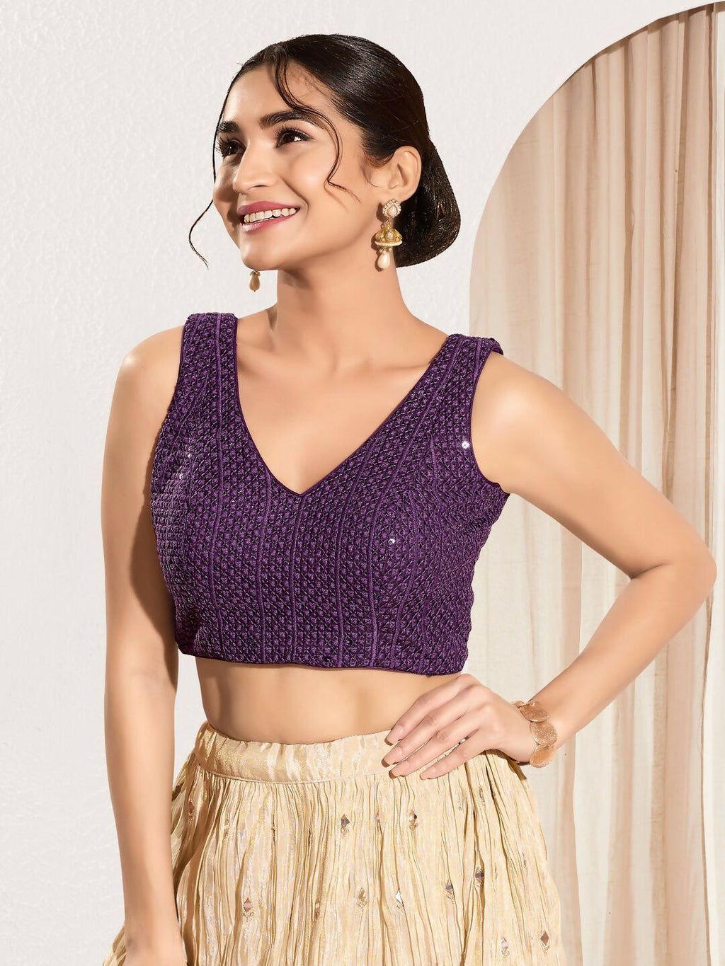 Joban Fashion Wine Sequence Padded Blouse With V Neck Sleeveless | Grocsy