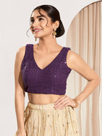 Joban Fashion Wine Sequence Padded Blouse With V Neck Sleeveless | Grocsy