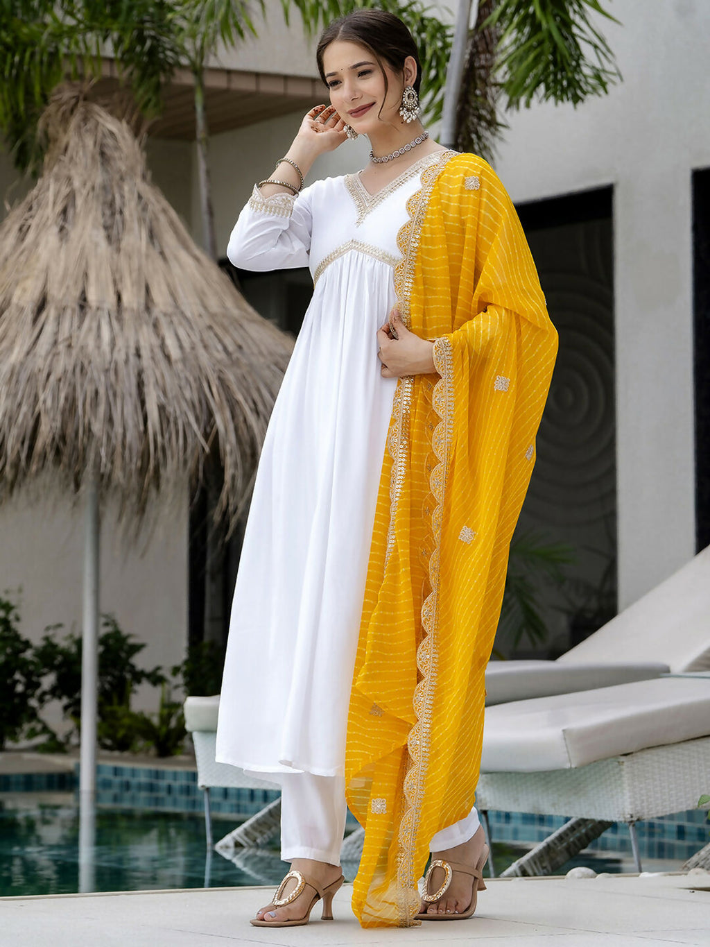 The52 White Women's Gorgeous Embroidered Chanderi Fabric Straight Kurta, Pant and Dupatta Set | Grocsy