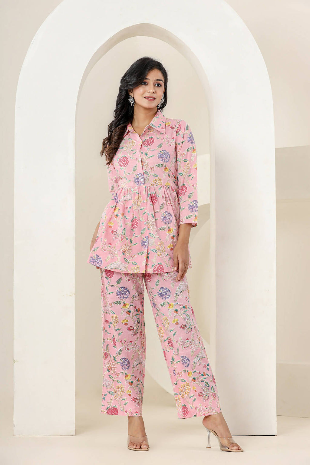Kaajh Women's Baby Pink Printed Cotton Co-ord Set | Grocsy
