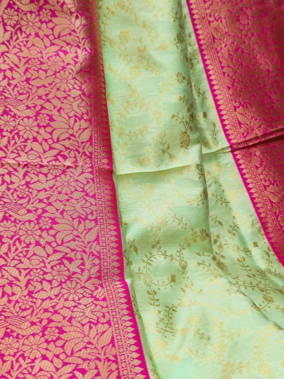 DEIANA'S Beautiful Designer Golden zari Soft Lichi Silk Saree - Pista | Grocsy