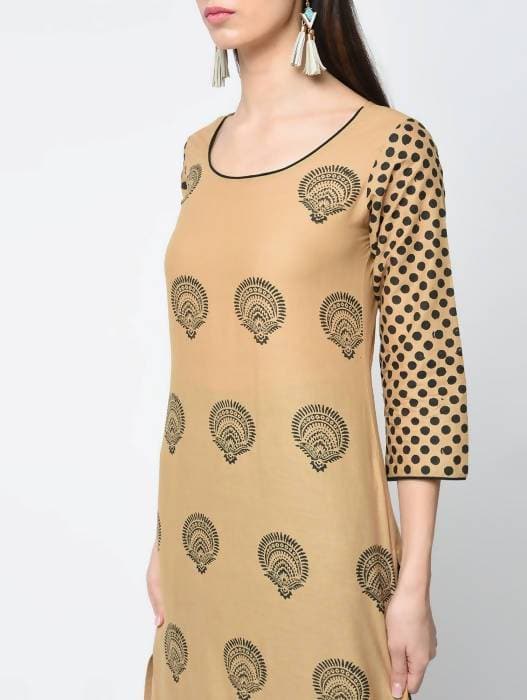 Aniyah Cotton Block Printed Beige Straight Kurta (AN-126K) | Grocsy