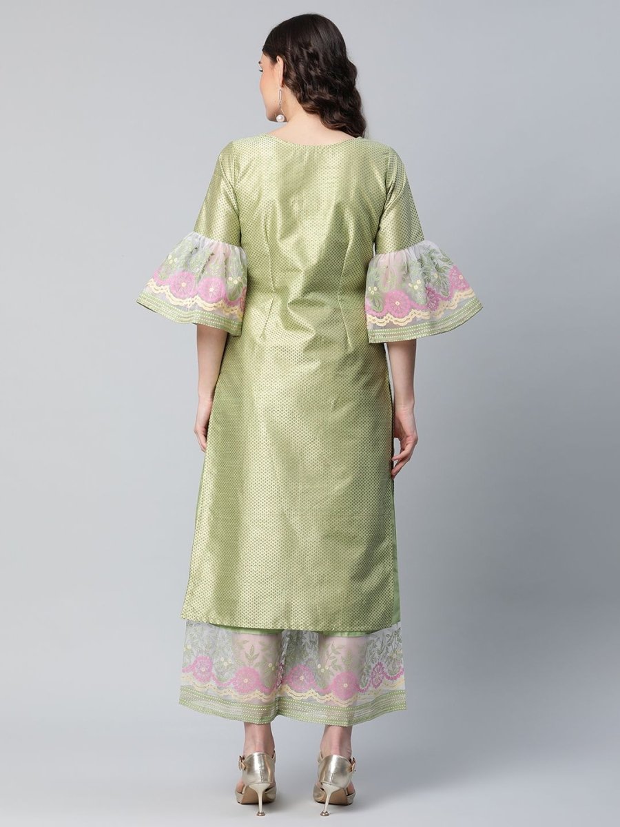Ahalyaa Women's Light Green Poly Silk Gold Printed Kurta Palazzo Set | Grocsy