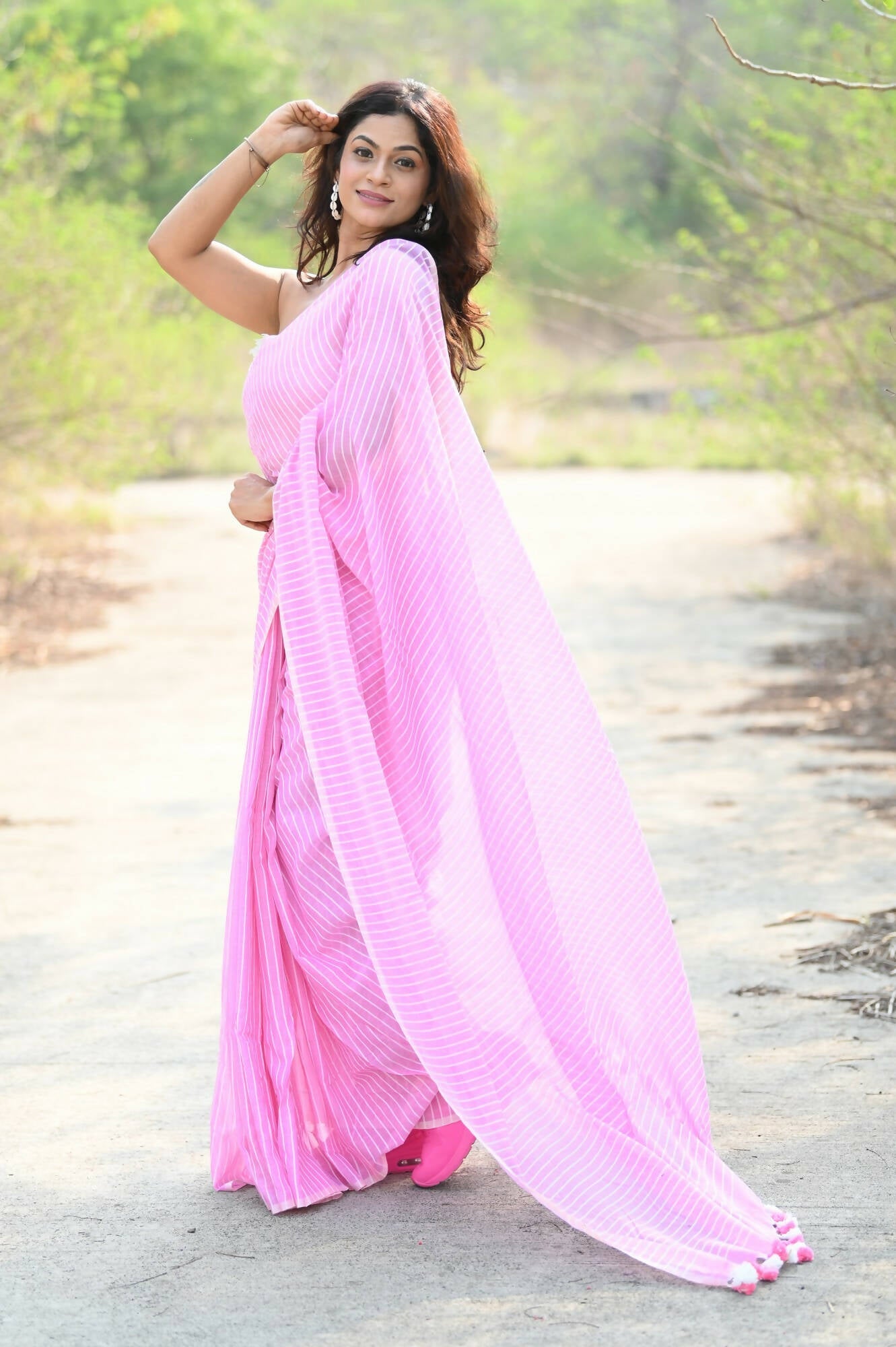 Very Much Indian Designer Pure Cotton Saree With All Over Linear Stripes - Light Pink | Grocsy