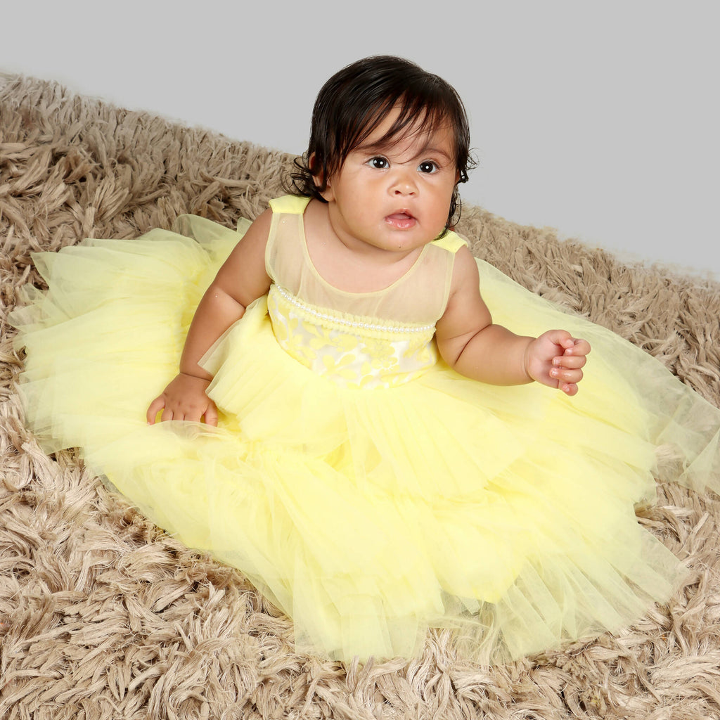 Pink Cow Fashions Yellow Gown With Organza Chest & Net Layer Ghera | Grocsy