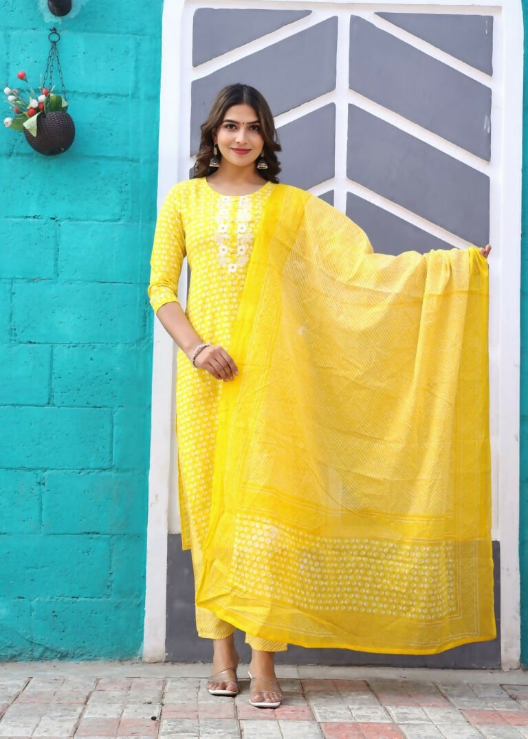 Alvano Printed Beautiful Straight Kurti with Pant and Dupatta set for Women and Girls (Yellow) | Grocsy