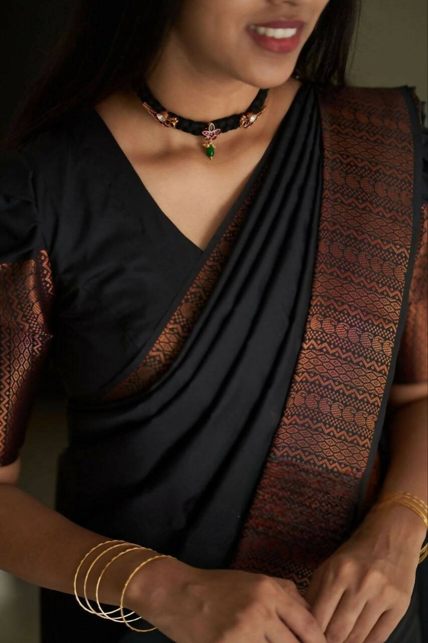 DEIANA'S Beautiful Designer Golden zari Soft Lichi Silk Saree - Black | Grocsy
