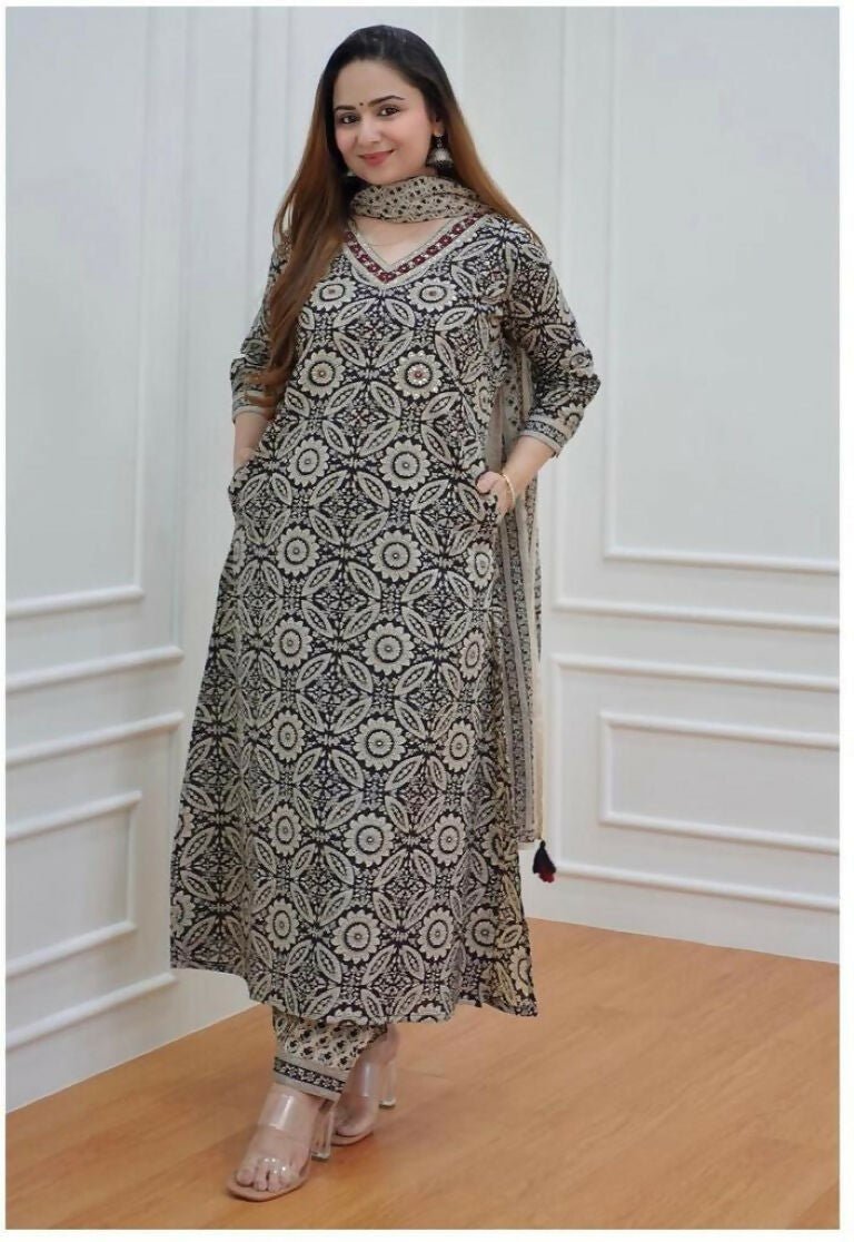 Alvano Anarkali Printed Kurti with Pant and Dupatta set for Women and Girls Rayon | Grocsy