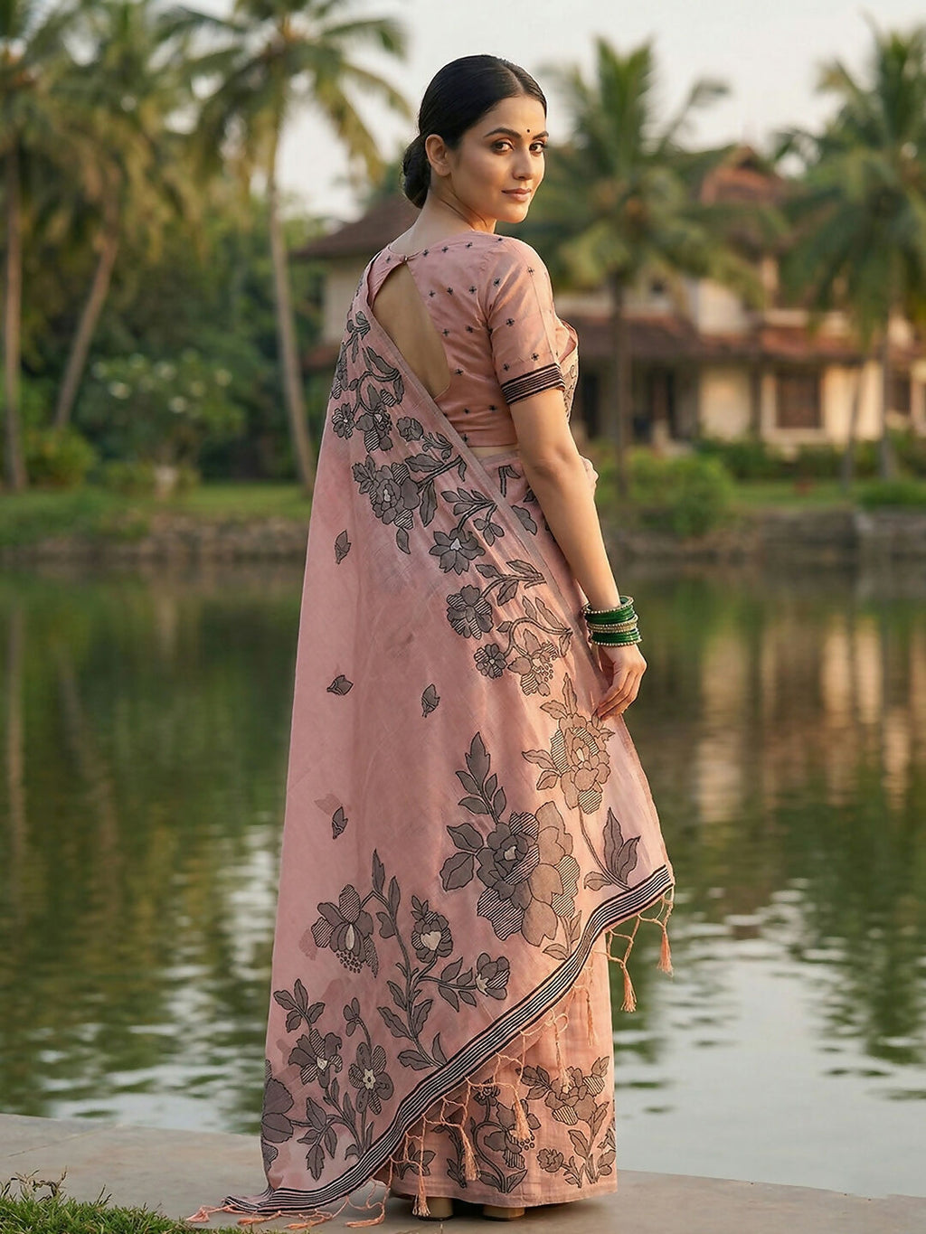 Shree Shyam Fashion Peach Linen Cotton Saree | Grocsy