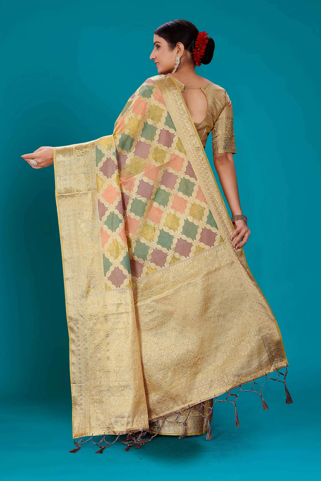 Beige Soft Organza Woven Design Saree with Unstitched Blouse Piece - Zaara | Grocsy