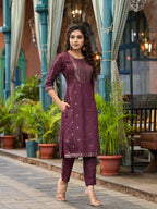 Juniper Women's Wine Ethnic Motif Printed Muslin Kurta Set With Zari Work & Gota Patti | Grocsy