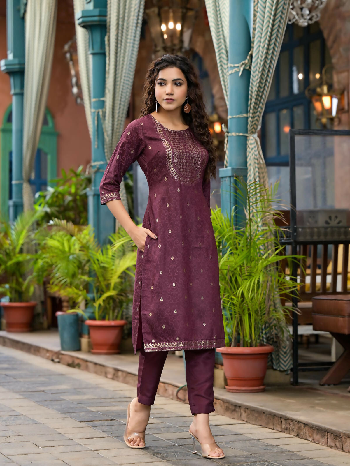 Juniper Women's Wine Ethnic Motif Printed Muslin Kurta Set With Zari Work & Gota Patti | Grocsy
