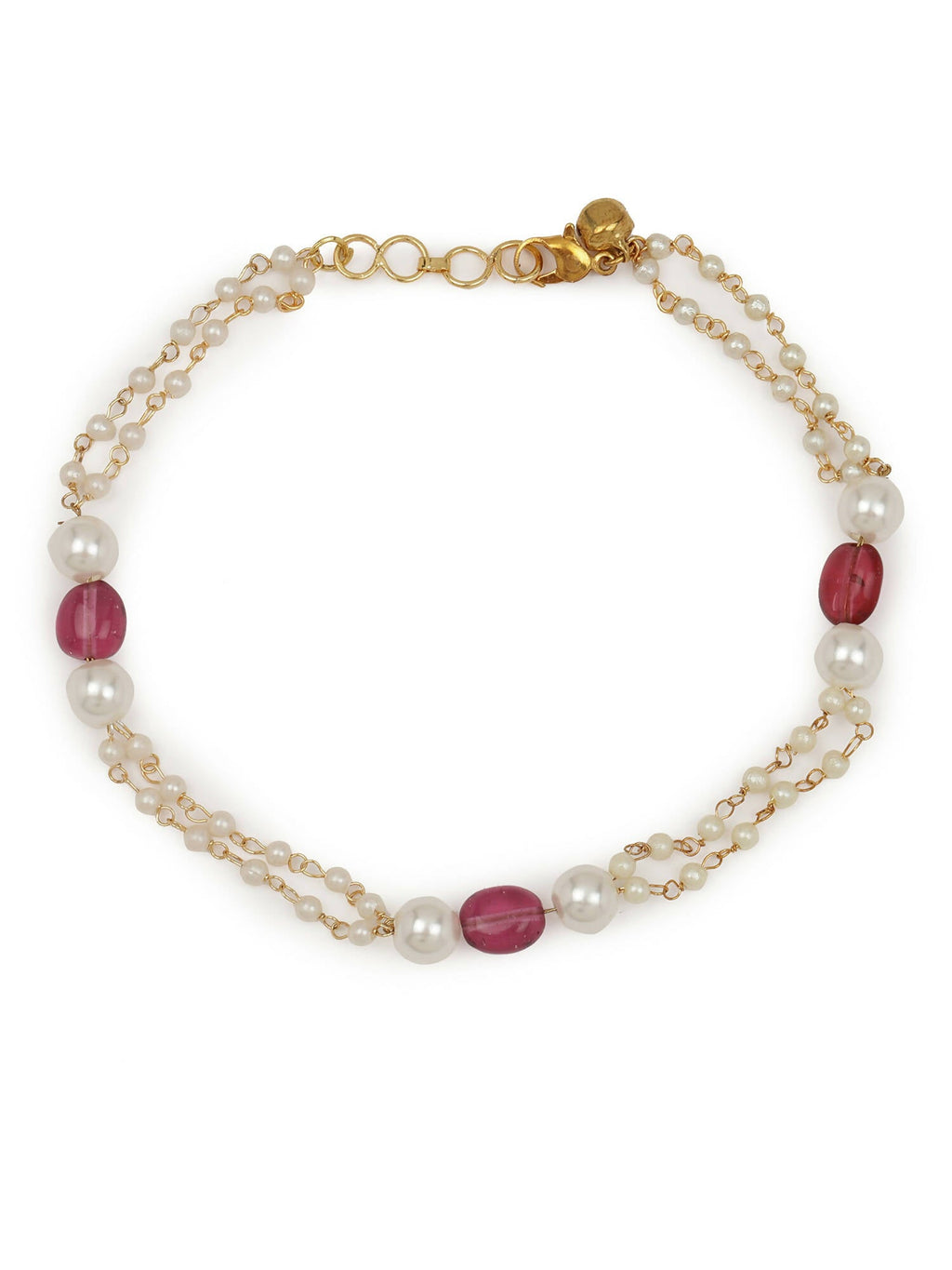 Gold-Polished Pink White Pearl Beaded Anklets Set Of 2 - Ruby Raang | Grocsy