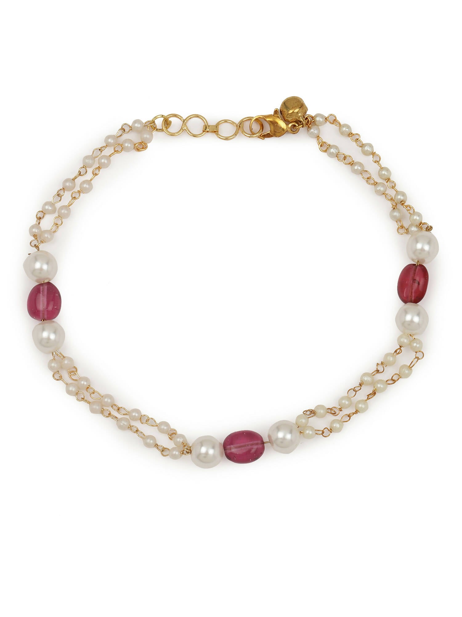 Gold-Polished Pink White Pearl Beaded Anklets Set Of 2 - Ruby Raang | Grocsy