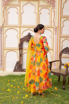 Vaasva Women Mustard Organza Multi Floral Print & Embroidered Anarkali Kurta, Pant & Dupatta set | Grocsy