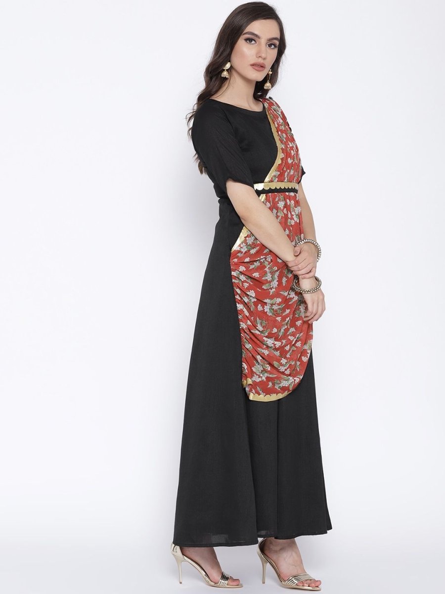 Ahalyaa Women's Black Poly Silk Kurta With Printed Dupatta | Grocsy