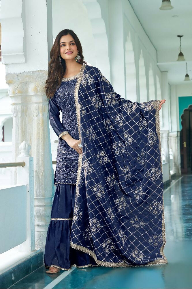 Teeya Creation Blue Colour Chinnon Silk Heavy Embroidery Work Fully Stitched Salwar Suit | Grocsy