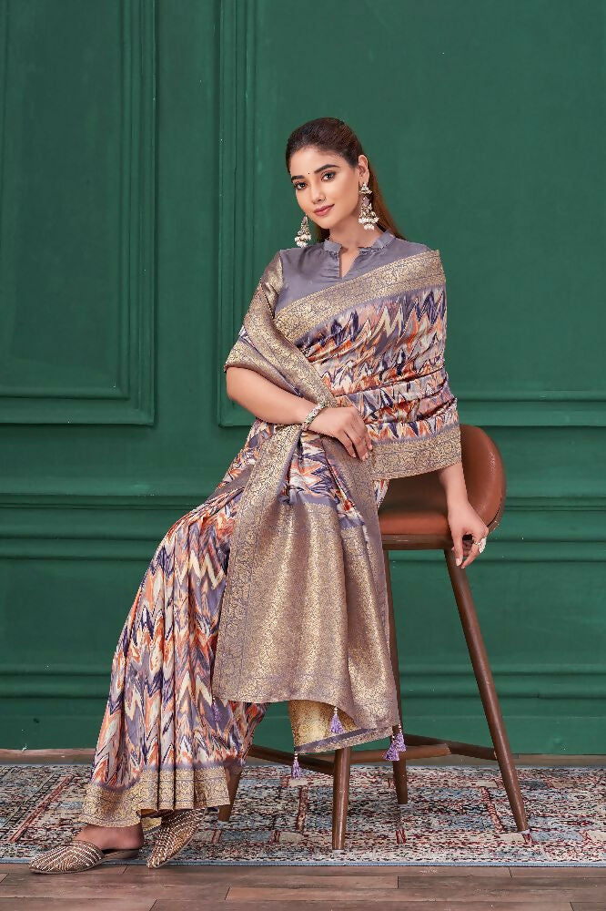Purple Tussar Silk Jacquard Abstract Digital Print Saree with Unstitched Blouse - Mohira | Grocsy