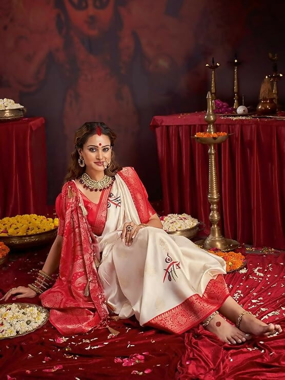 Joban Fashion Satin Silk Off White Floral Printed Saree | Grocsy