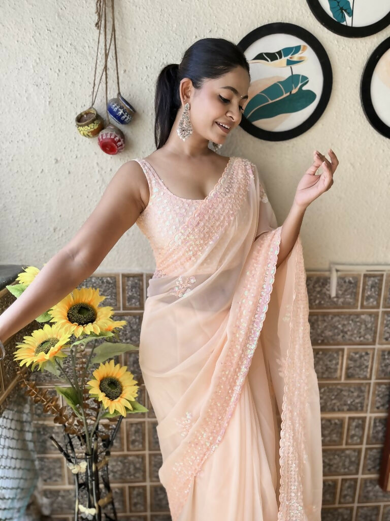 Peach Georgette Sequence Embroidery Cut Work Saree - Saadia | Grocsy