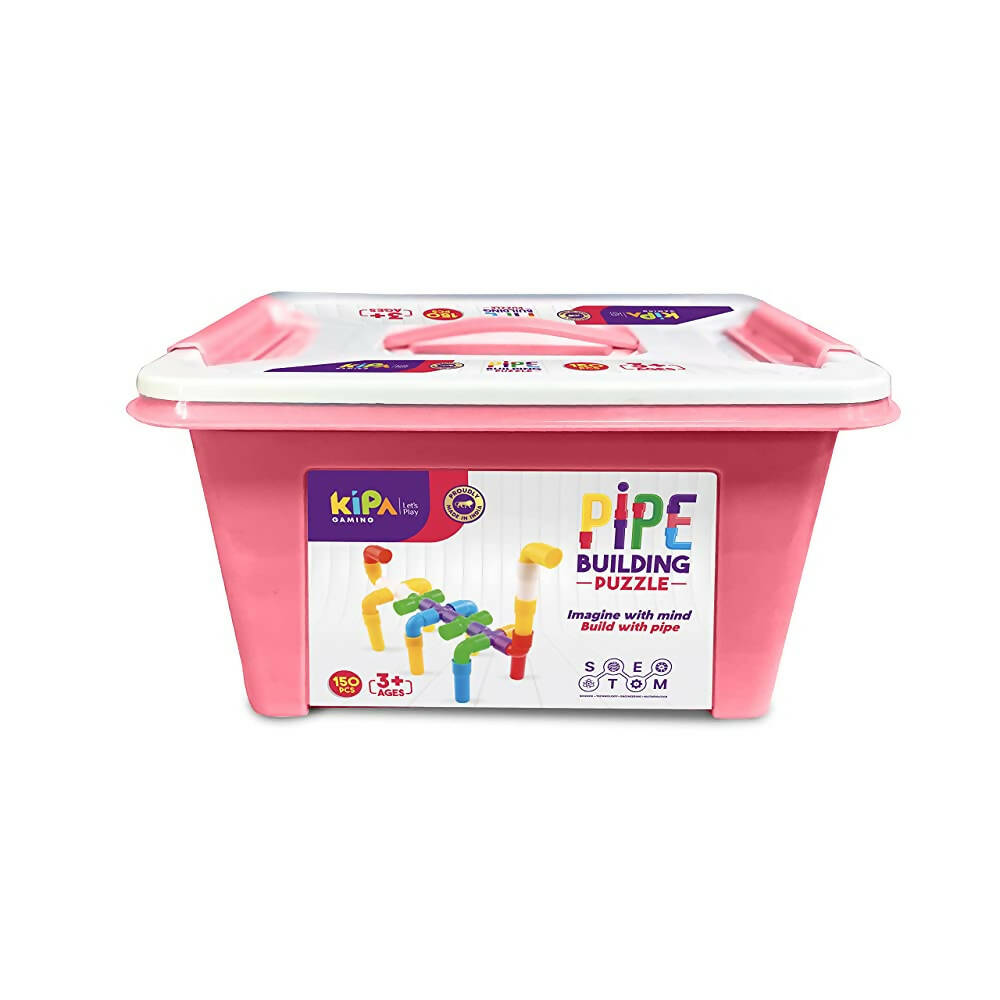 Kipa 150 Pieces Pipe Puzzle with Storage Container, Educational & Intellectual Playing Model Construction Blocks with Rolling Wheelbase | Grocsy
