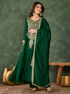 The52 Women's Beautiful Embroidery Work Vichitra Silk Fabric Flared Kurta Pant and Dupatta Set-Green | Grocsy