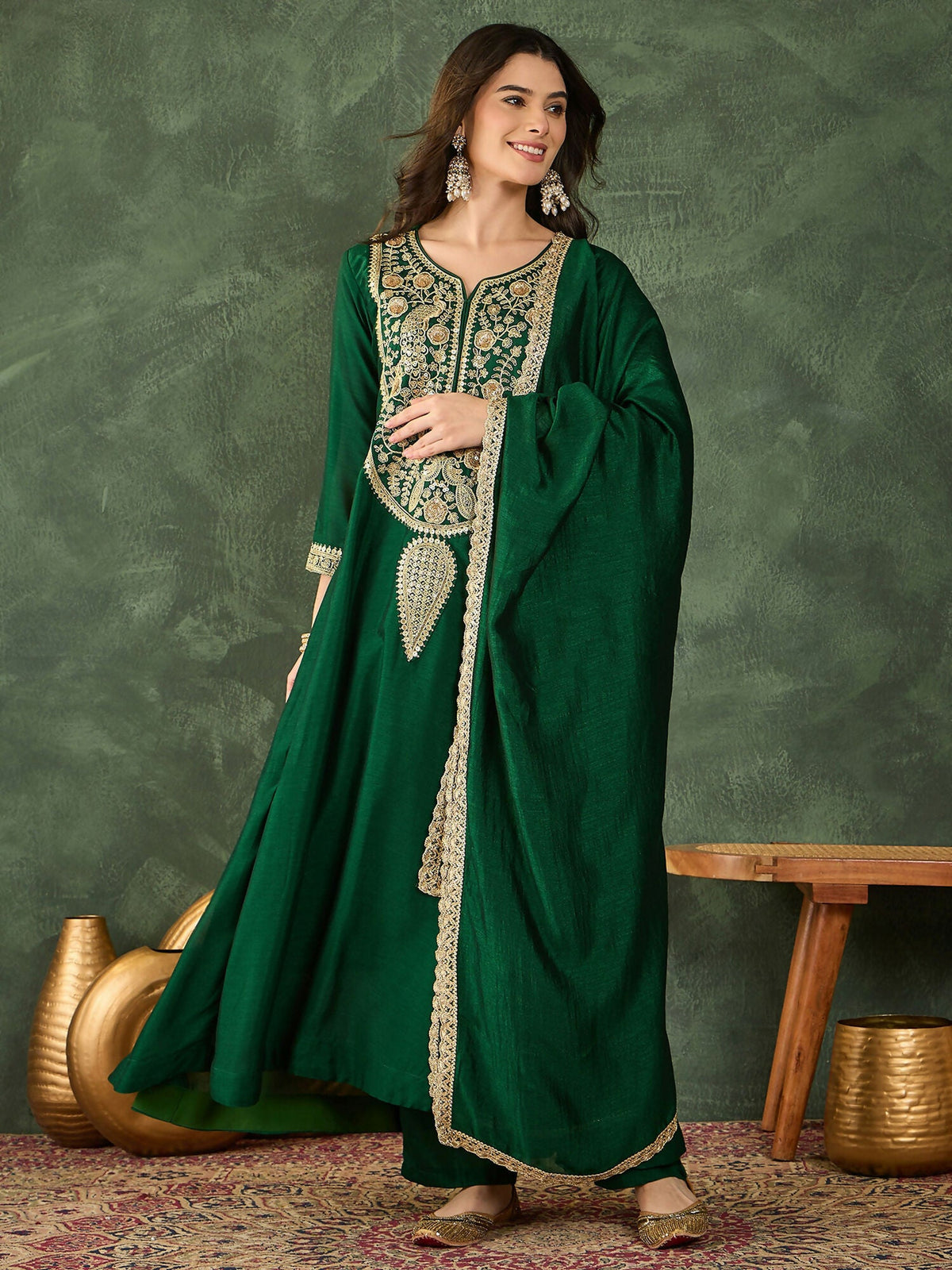 The52 Women's Beautiful Embroidery Work Vichitra Silk Fabric Flared Kurta Pant and Dupatta Set-Green | Grocsy
