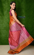 Very Much Indian Handwoven Raw Silk Dupion Saree - Orange With Pink Pallu | Grocsy